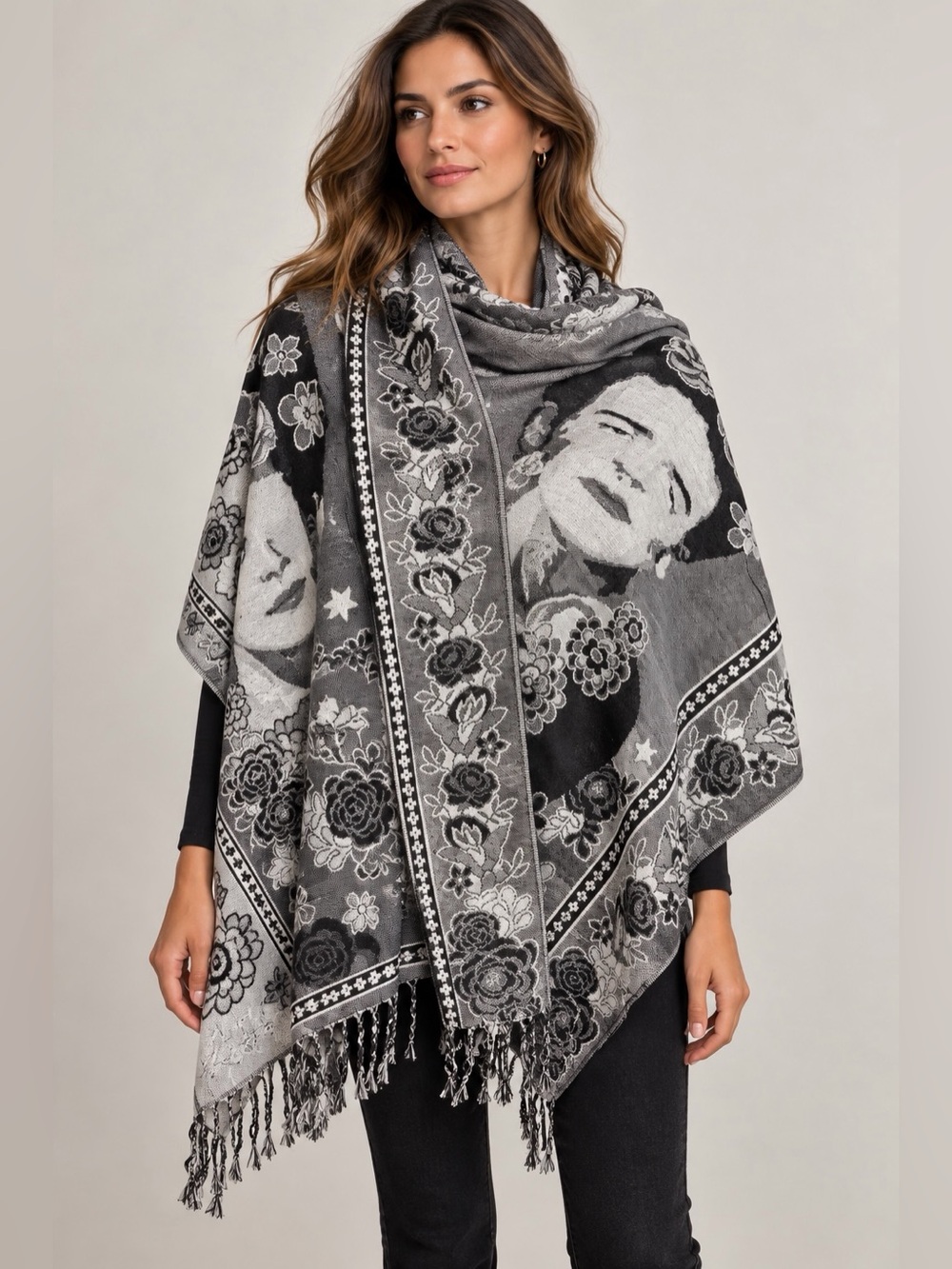 Frida Kahlo Portrait Floral Reversible Black White Woven Scarf Shawl 26 x 71